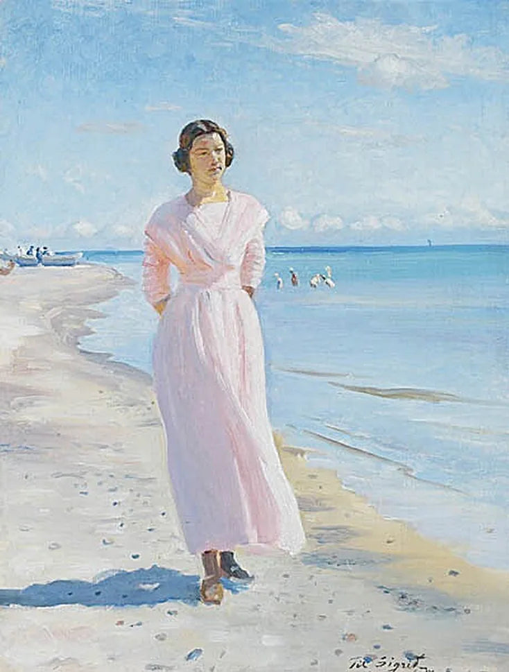 Nuori nainen vaaleanpunaisessa mekossa Skagenin etelärannalla. - Michael Peter Ancher