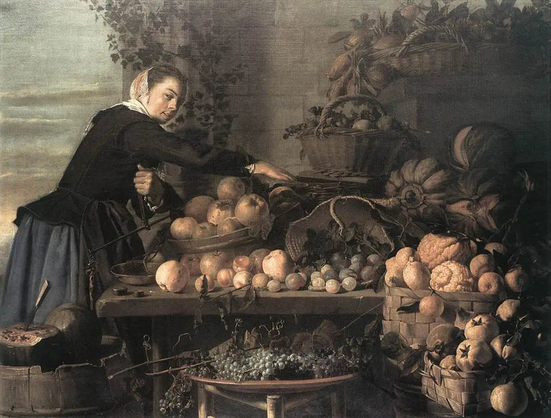 Nuori nainen hedelmien ja vihannesten äärellä myyntiä varten - Frans Hals
