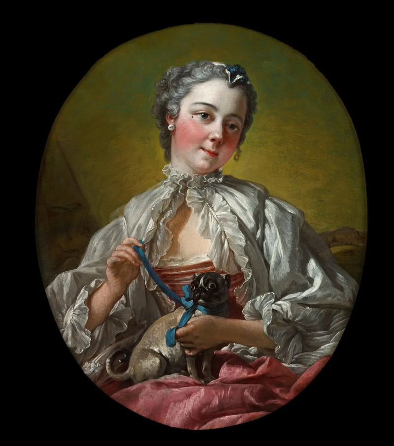 Nuori nainen, joka pitää mopsia - François Boucher