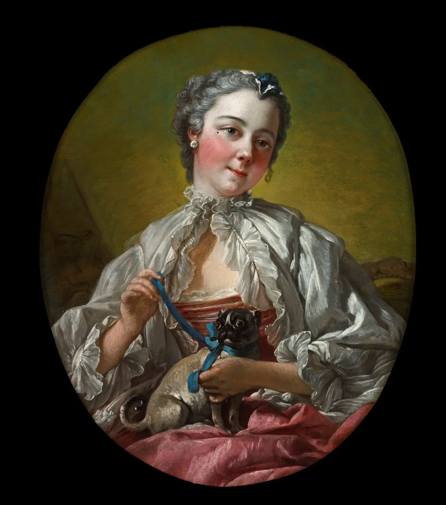 Nuori nainen, joka pitää mopsia - François Boucher