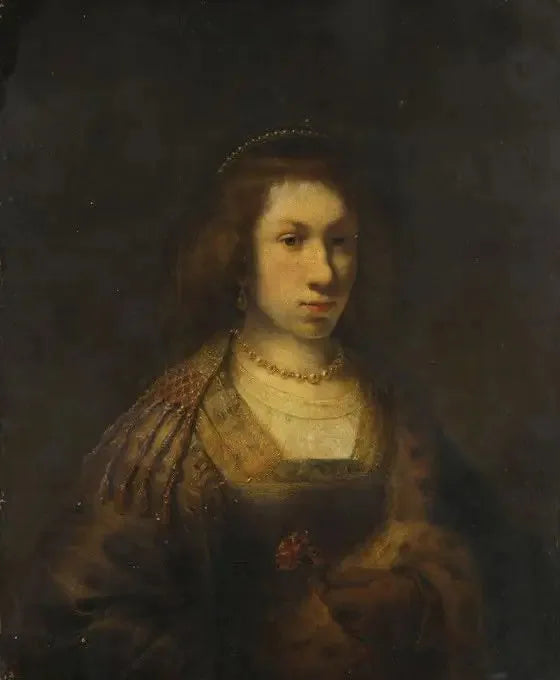Nuori nainen, joka pitää neilikkaa - Rembrandt