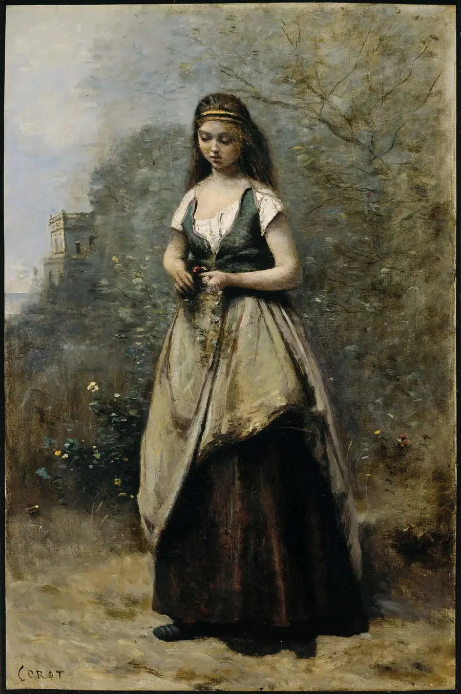 Nuori nainen kutoo kukkaseppelettä - Jean-Baptiste Camille Corot