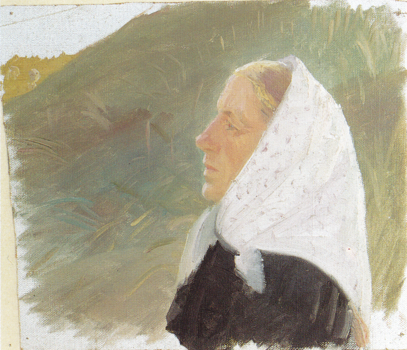Nuori mustapukuinen ja valkoinen huivi päässään oleva nainen istuu dyyneillä - Anna Ancher