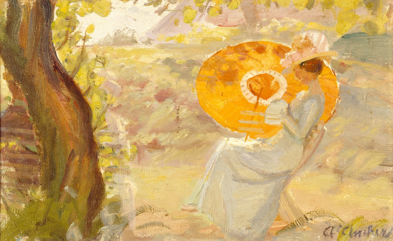 Nuori tyttö puutarhassa oranssin aurinkovarjon kanssa - Anna Ancher
