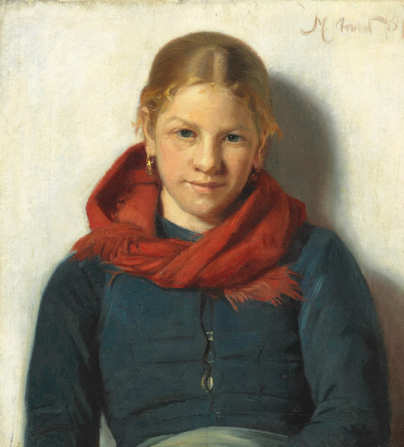 Nuori tyttö Skagenista pukeutuneena punaiseen shaaliin. -Michael Peter Ancher