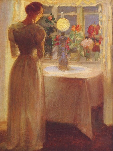Nuori tyttö palavan lampun edessä - Anna Ancher