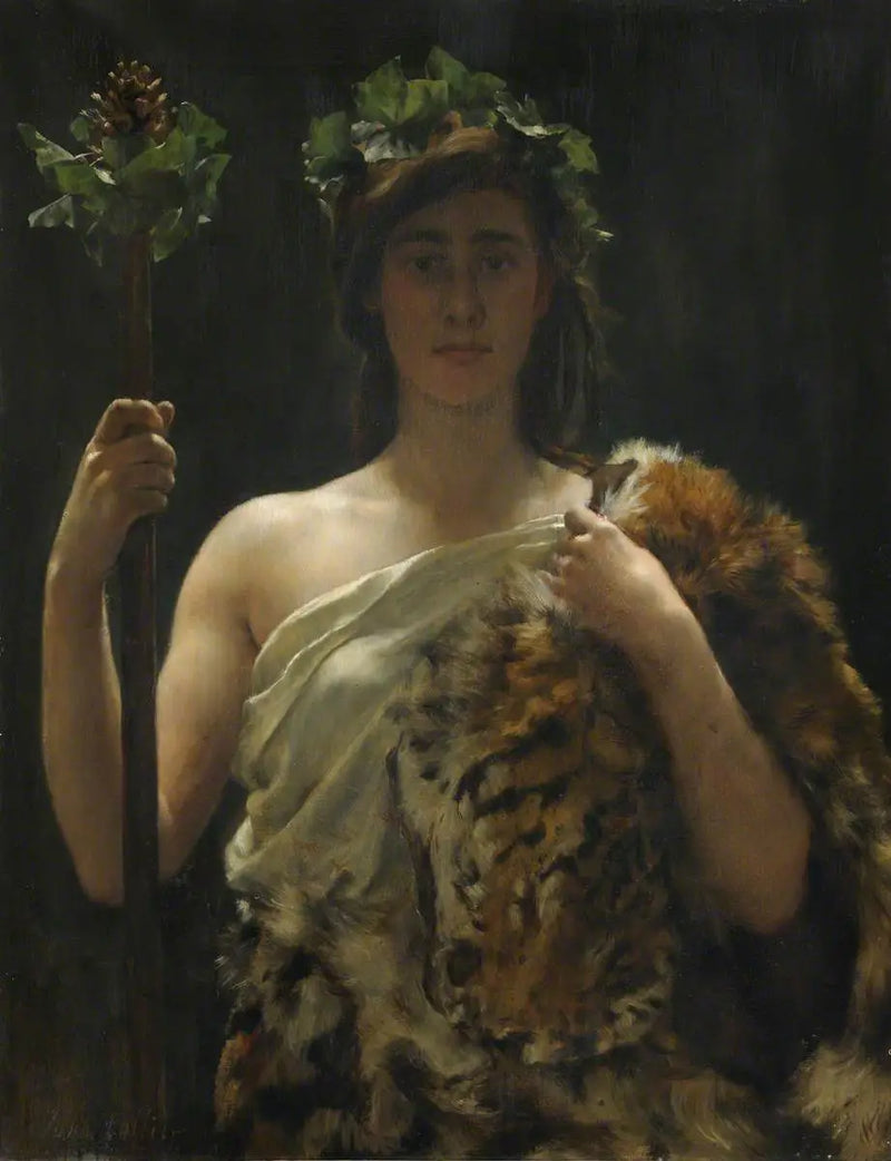 Nuori tyttö tiikerin nahkaan verhoutuneena (entinen nimi Bacchus) - John Collier