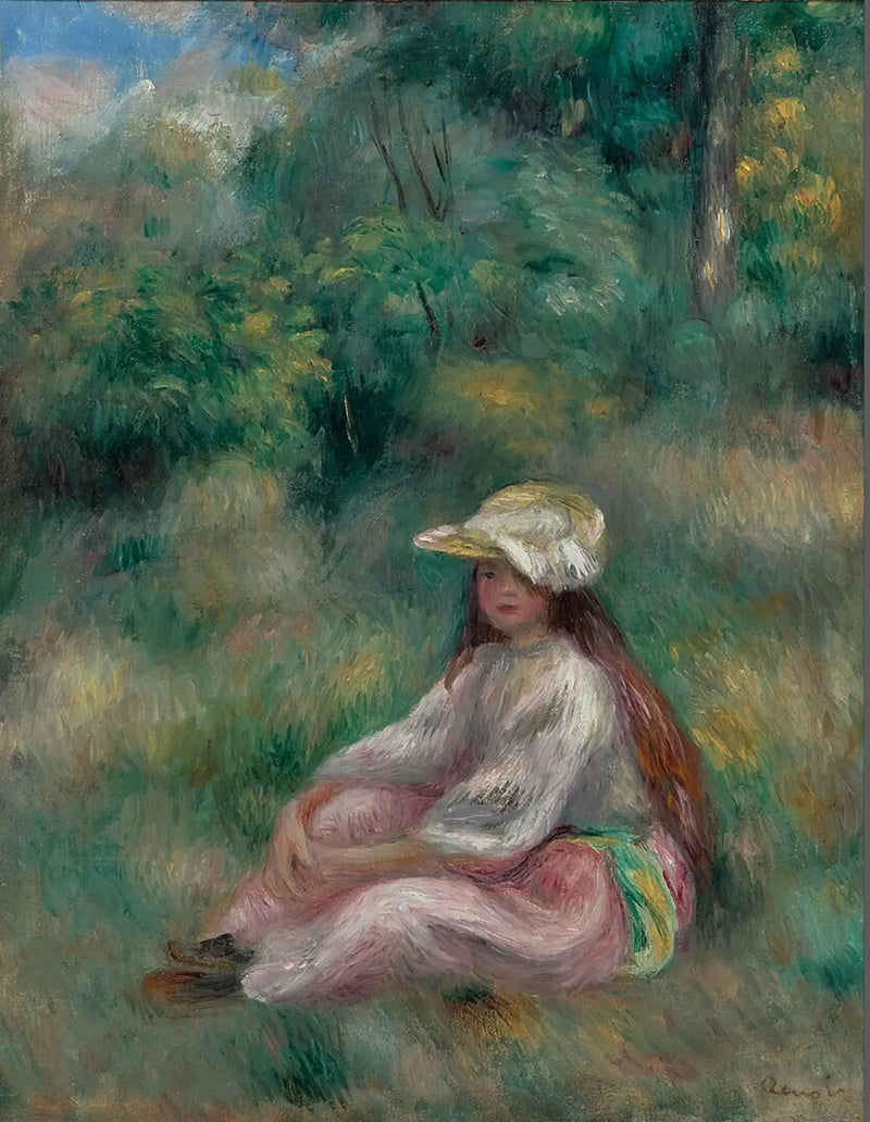 Nuori tyttö vaaleanpunaisessa maisemassa - Pierre-Auguste Renoir