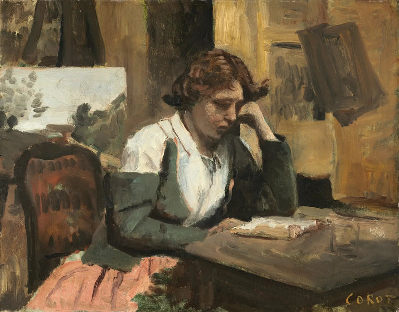 Nuori tyttö lukemassa - Jean-Baptiste Camille Corot