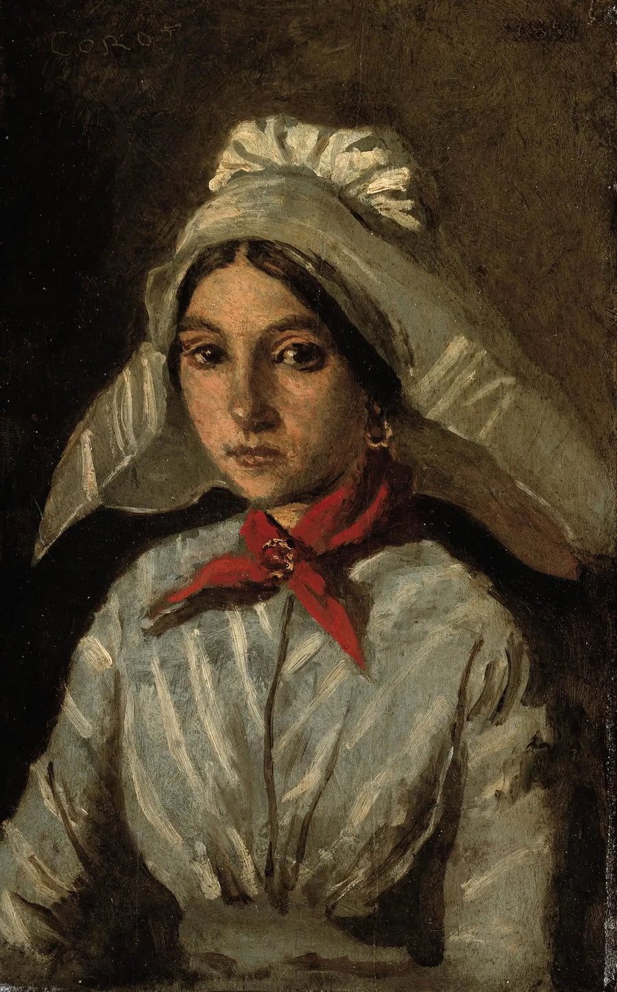 Nuori tyttö, jolla on päässään suuri päähine - Jean-Baptiste Camille Corot