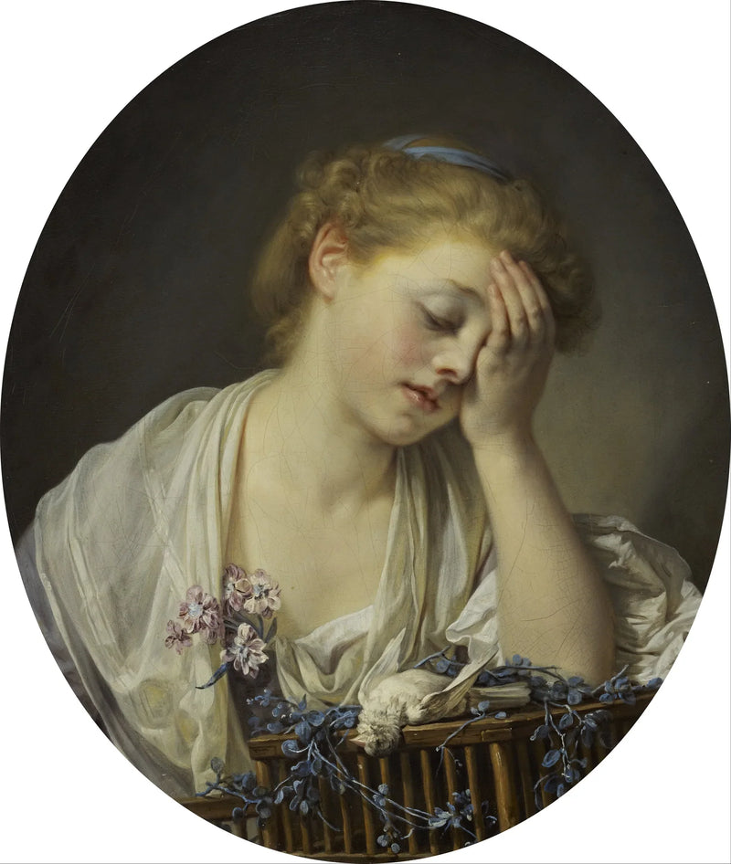 Nuori tyttö, joka itkee kuollutta lintuaan - Jean-Baptiste Greuze