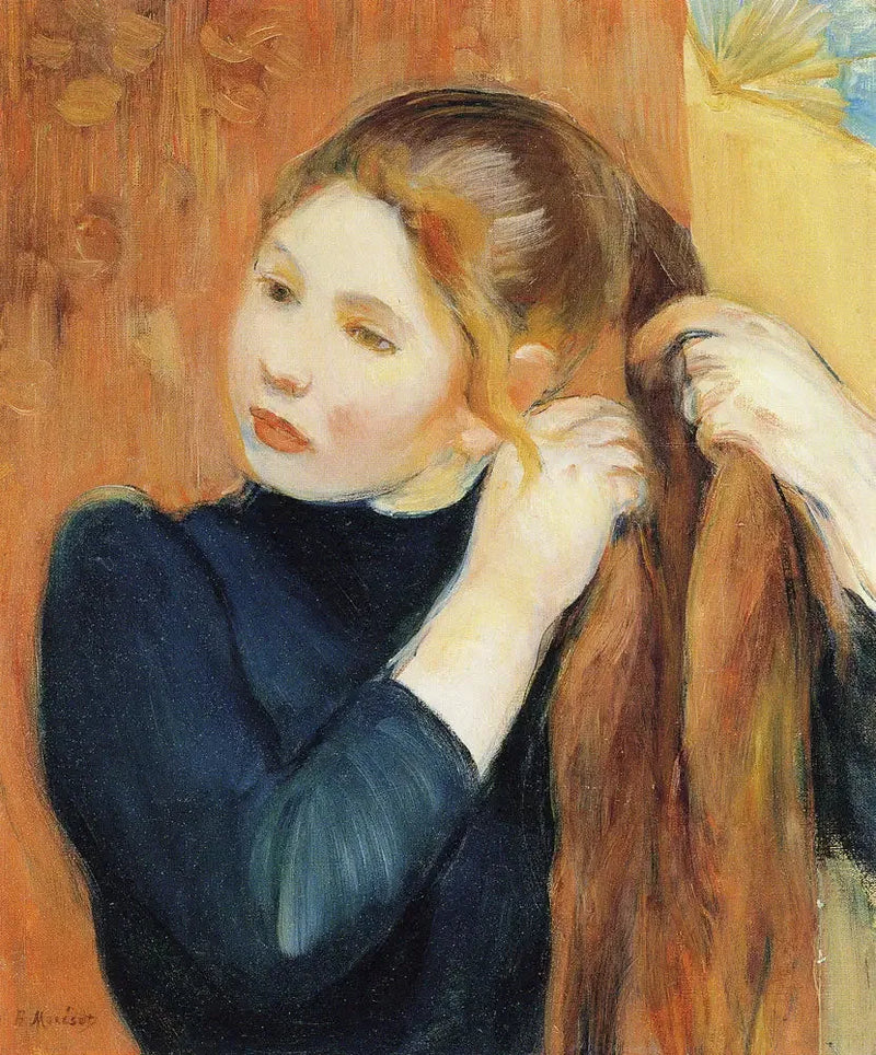 Nuori tyttö punomassa hiuksiaan - Berthe Morisot