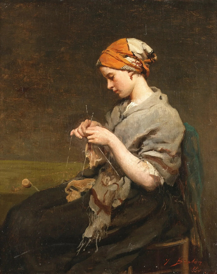 Nuori tyttö neulomassa (versio 2) - Jules Breton