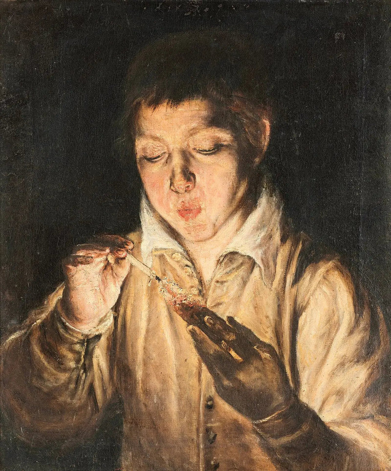 Nuori poika puhaltaa hiillosta - El Greco
