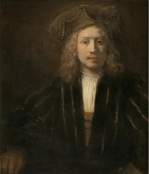 Nuori mies helmillä koristellussa myssyssä - Rembrandt