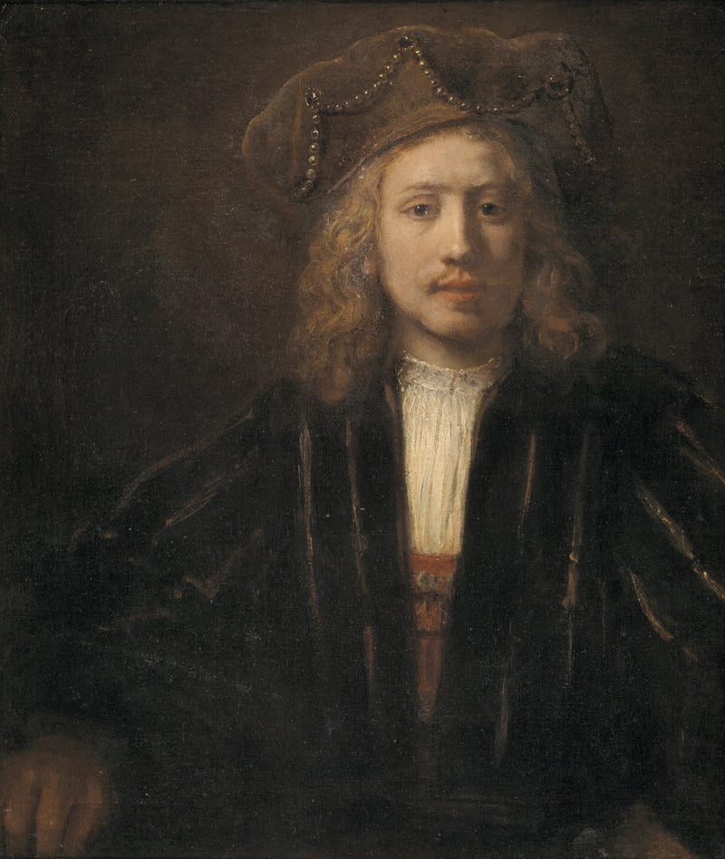 Nuori mies helmillä koristellussa myssyssä - Rembrandt