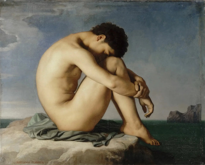 Nuori mies alasti istuu meren rannalla - Hippolyte Flandrin