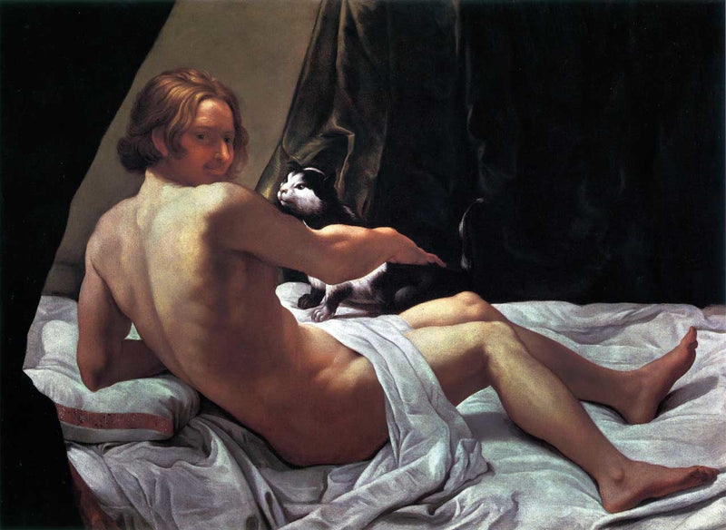 Nuori mies sängyllä kissan kanssa - Giovanni Lanfranco
