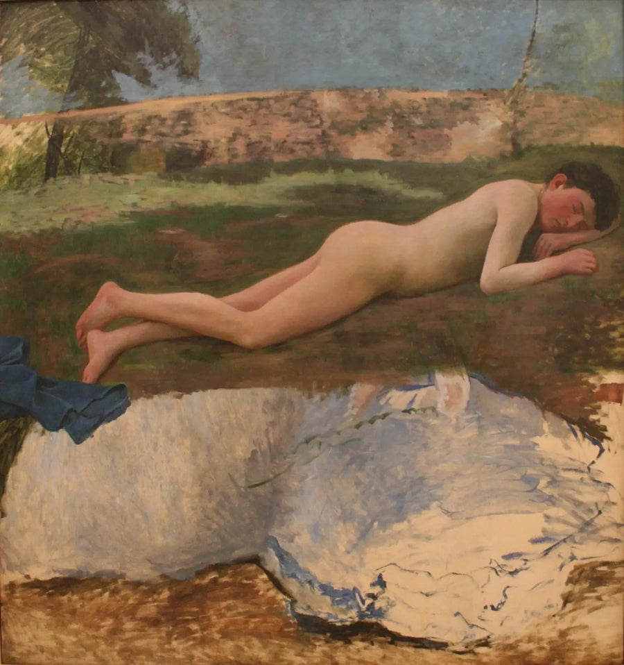 Nuori alaston mies makaa nurmikolla - Frédéric Bazille