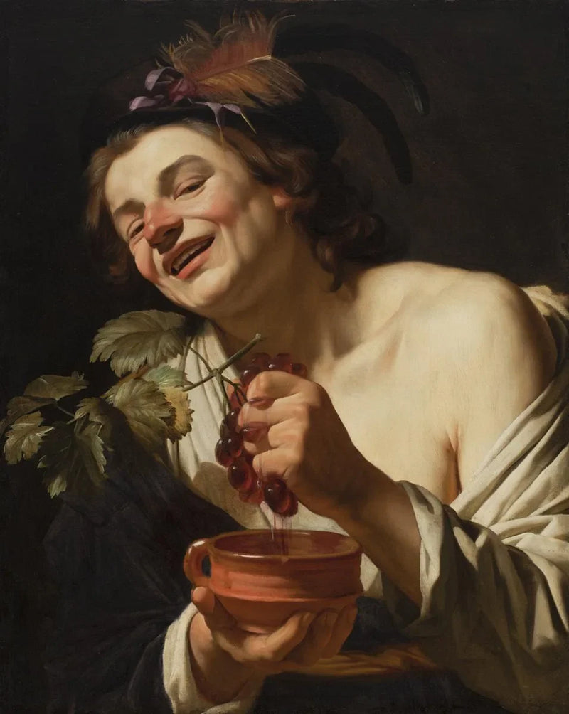 Hymyilevä nuori mies puristamassa viinirypäleitä - Gerrit van Honthorst