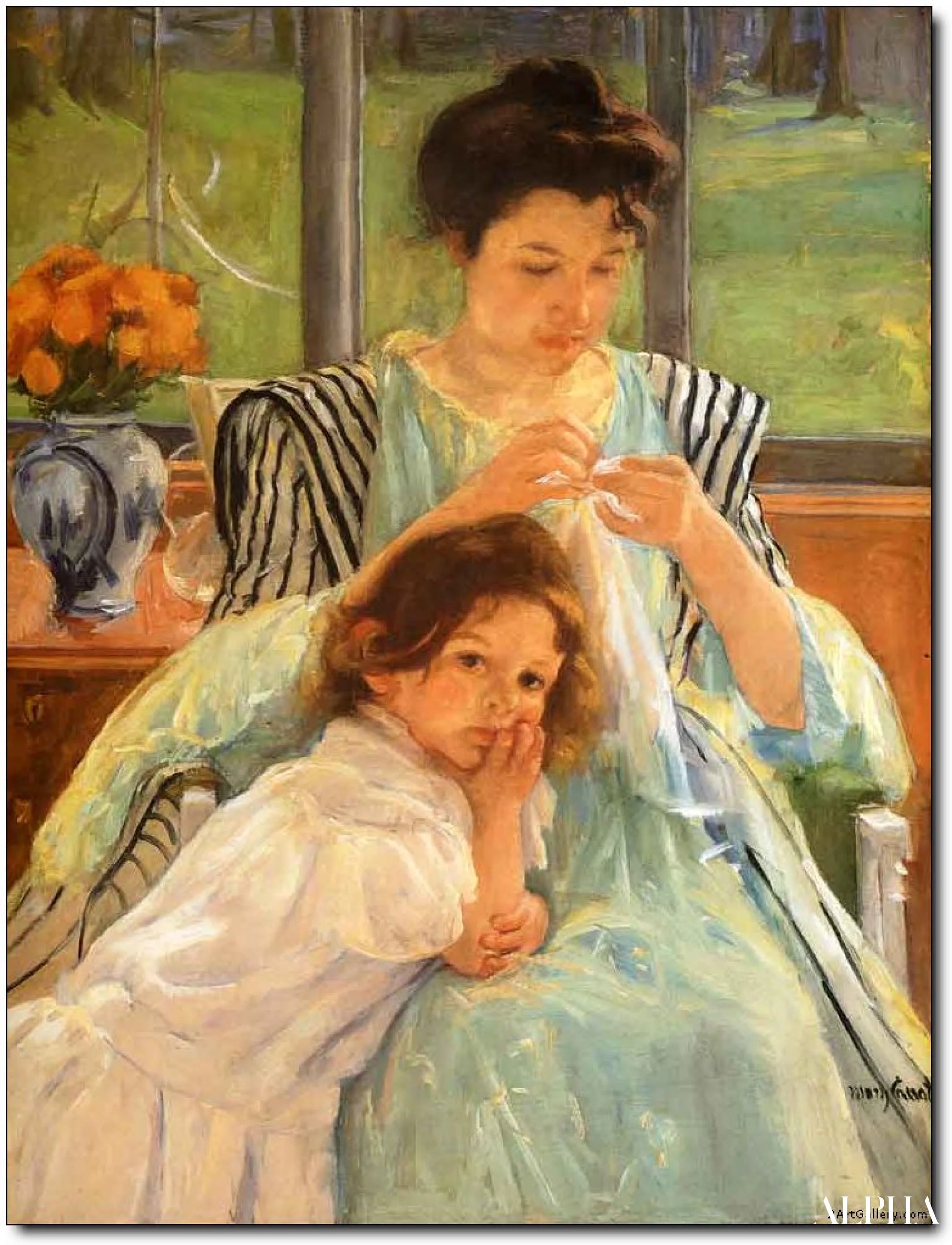 Nuori äiti ompelemassa - Mary Cassatt - Korkealaatuiset taulujen ja maalauksien reproduktiot