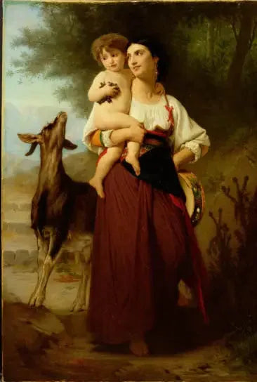 Nuori äiti maalaistakissa lapsensa ja vuohen kanssa - Bouguereau