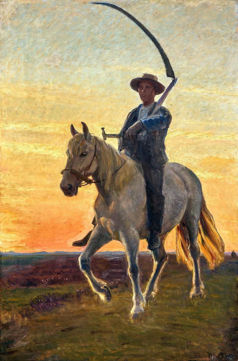 Nuori sadonkorjuukorjaaja palaa pelloilta hevosen selässä. - Michael Peter Ancher