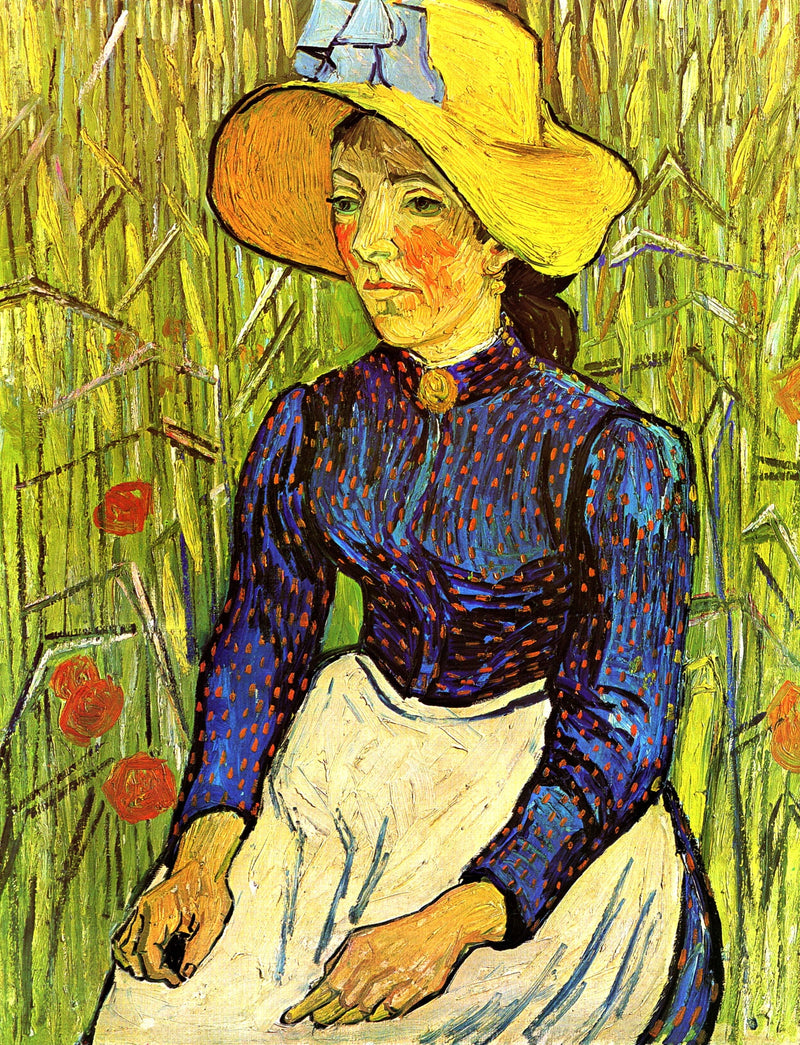 Olkihatullinen maalaistyttö istumassa viljakentän edessä - Vincent van Gogh