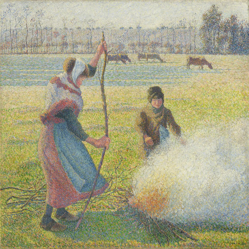 Nuori maalaistyttö tekemässä tulta. Valkoinen huurre - Camille Pissarro