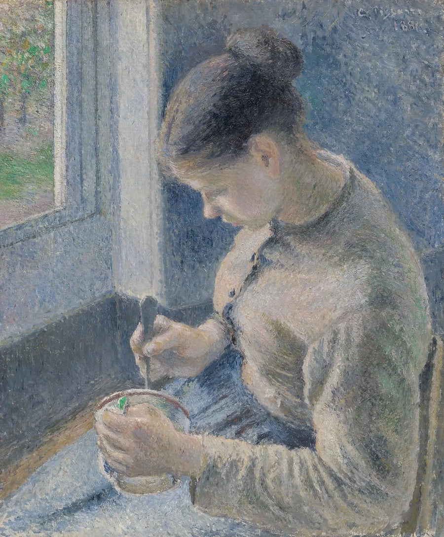 Nuori maalaistyttö juomassa kahvia - Camille Pissarro