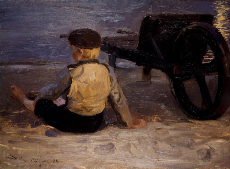 Nuori kalastaja istuu kärryn vieressä. Skagenin eteläranta. - Peder Severin Krøyer