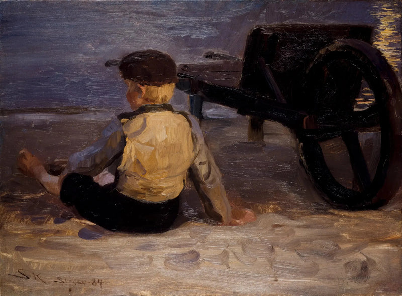 Nuori kalastaja istuu kärryn vieressä. Skagenin eteläranta. - Peder Severin Krøyer