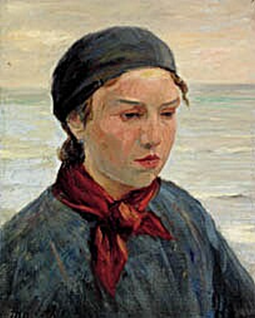 Nuori kalastajanainen, jolla on punainen huivi kaulassaan. - Michael Peter Ancher