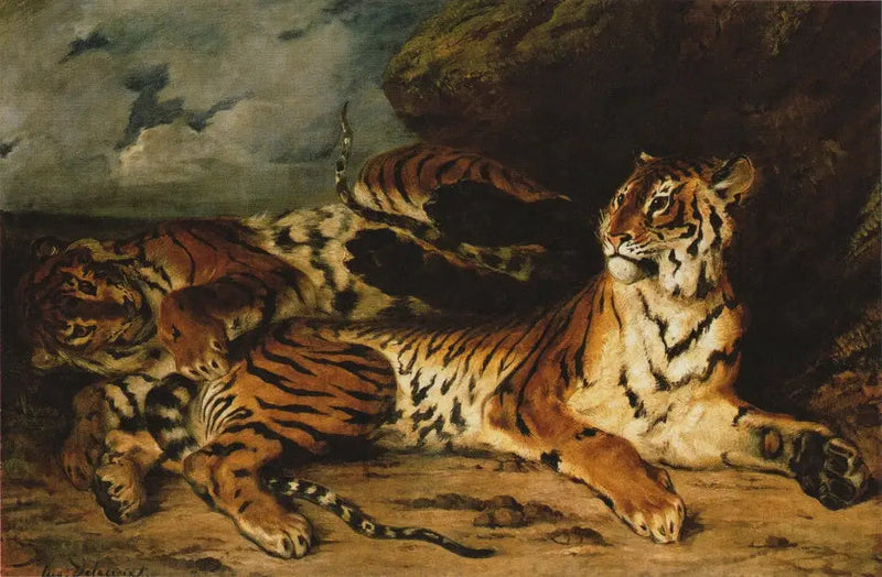 Nuori tiikeri leikkimässä äitinsä kanssa - Eugène Delacroix