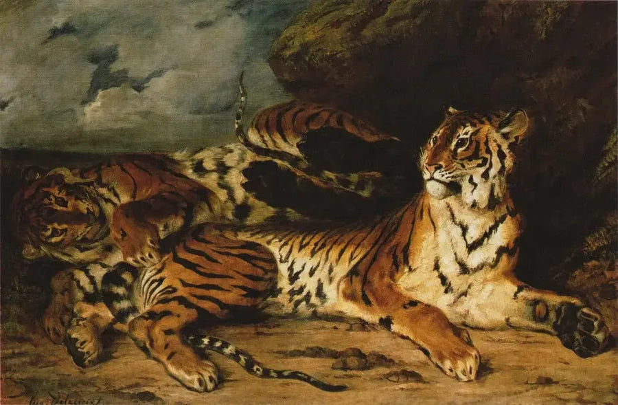 Nuori tiikeri leikkimässä äitinsä kanssa - Eugène Delacroix