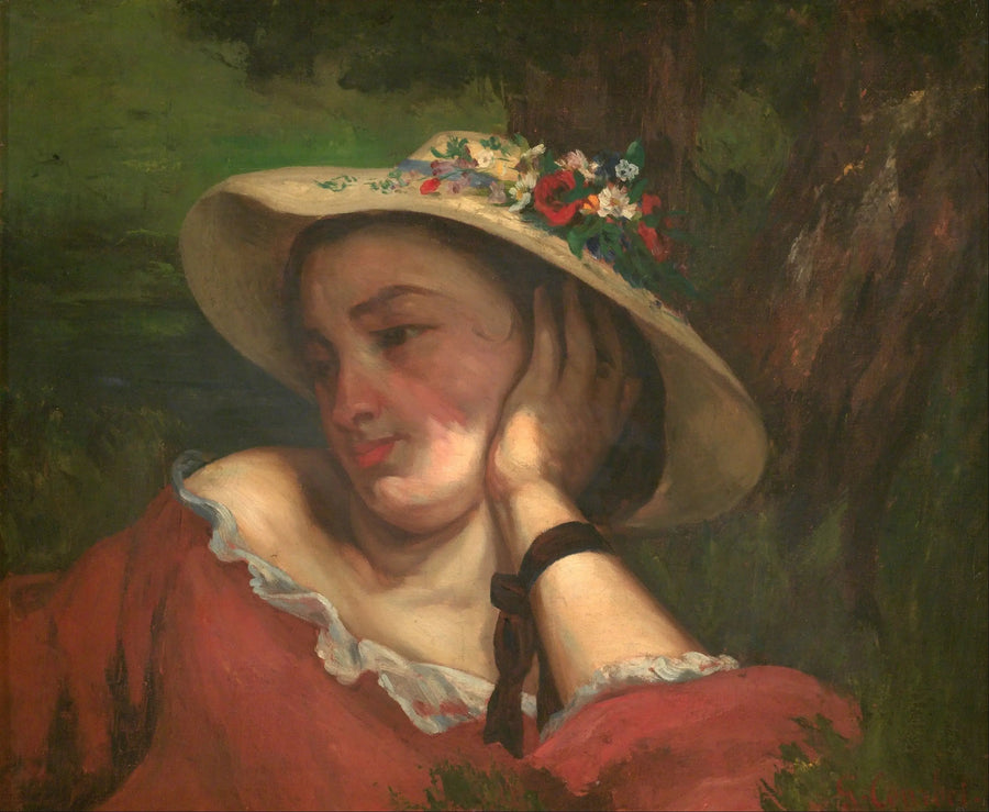 Nuoret naiset Seine-joen rannalla – fragmentti maalauksesta (Nainen kukkien kanssa hatussaan) - Gustave Courbet