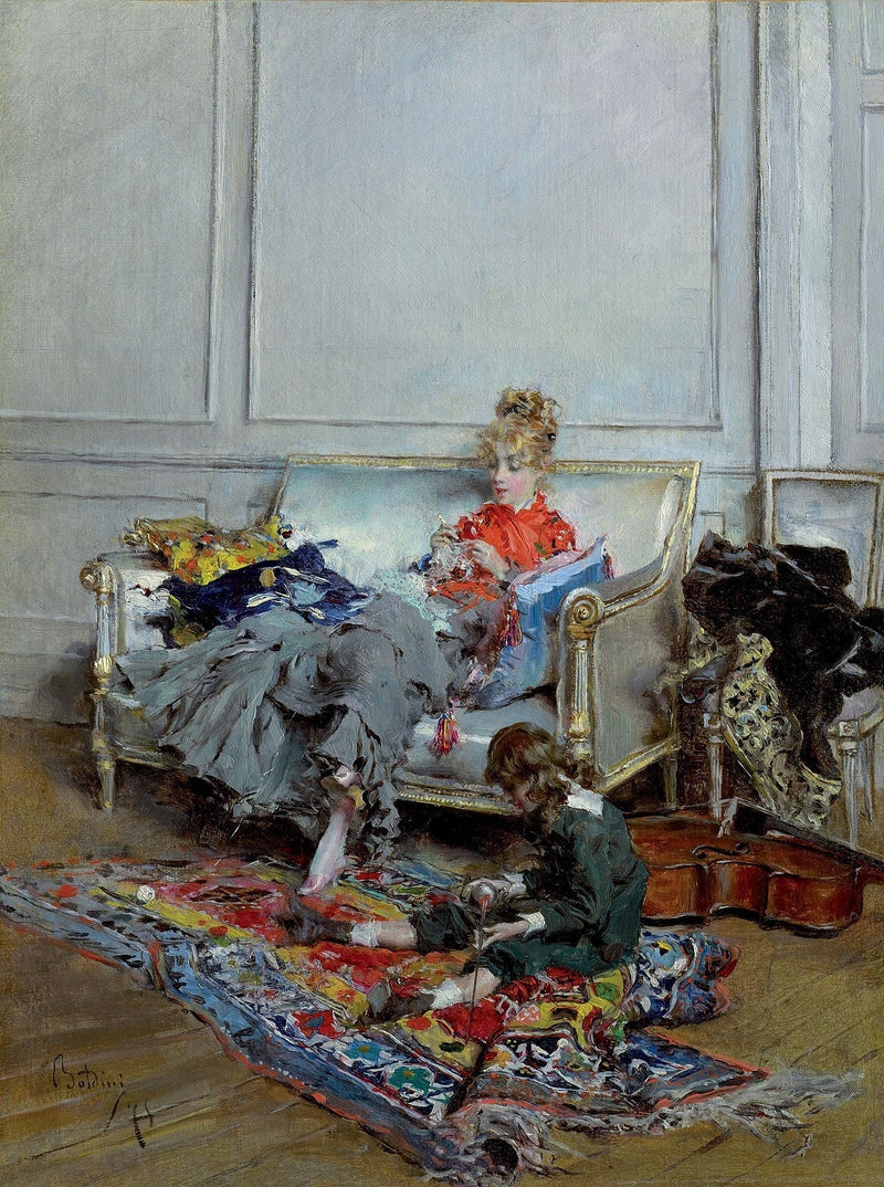 Rauhalliset päivät tai Nuori nainen virkkaamassa - Giovanni Boldini