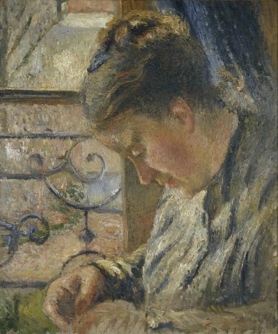 Julie Pissarro ompelemassa, punainen talo, Pontoise - Camille Pissarro