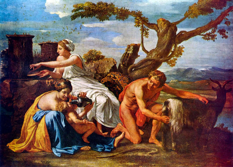 Jupiter lapsen ruokittu vuohesta Amalthéesta - Nicolas Poussin