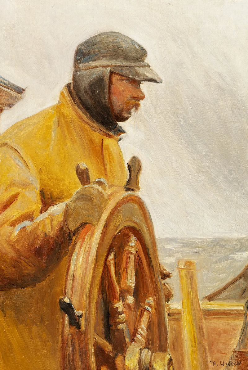 Konrad ruorissa. Skagenilainen kalastaja ohjaa venettä. -Michael Peter Ancher