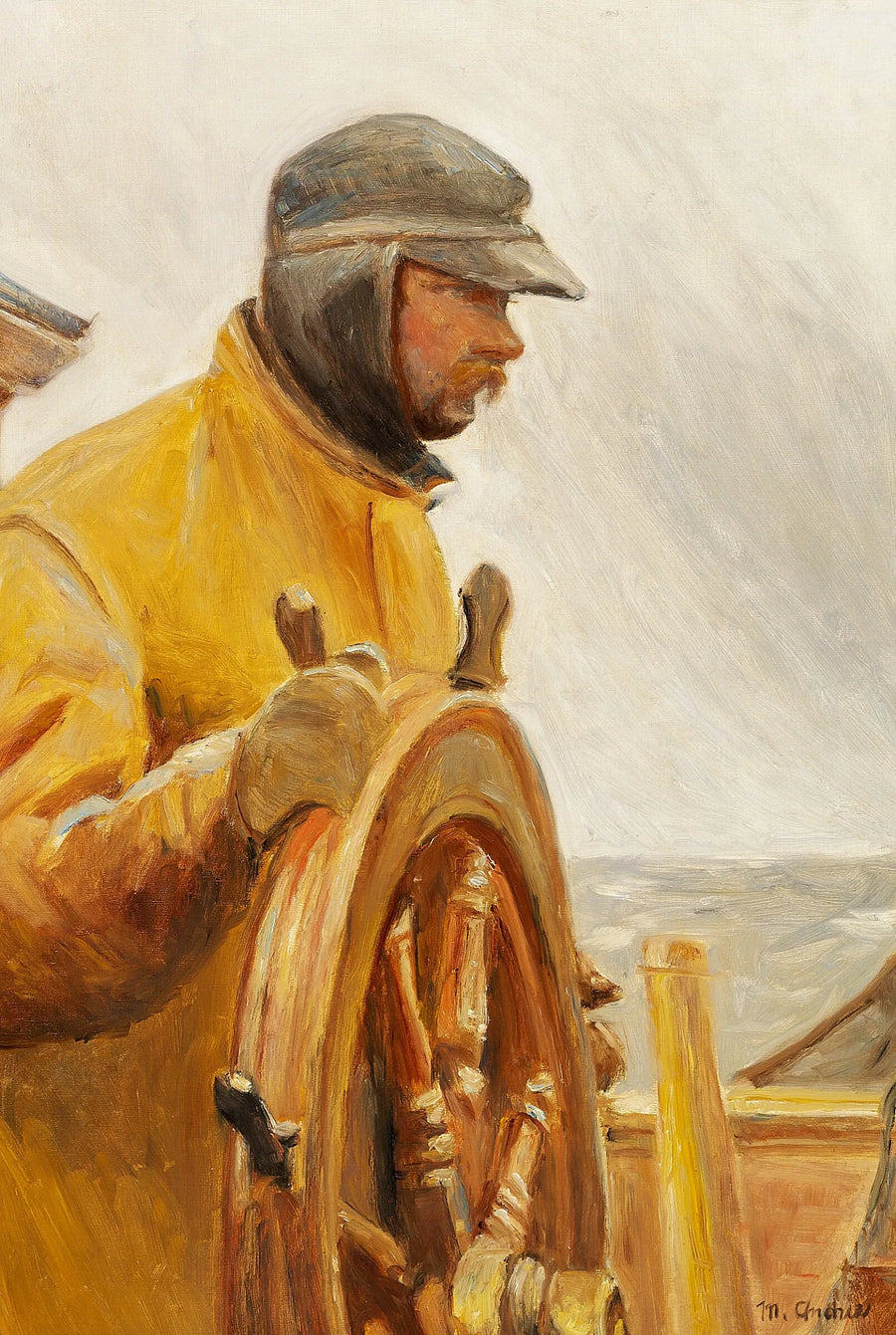 Konrad ruorissa. Skagenilainen kalastaja ohjaa venettä. -Michael Peter Ancher