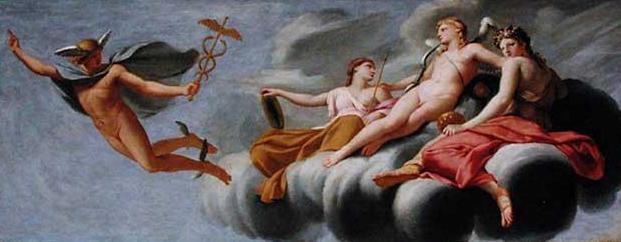 Rakkaus, nuoruuden ja kauneuden ympäröimänä, käskee Merkuriusta ilmoittamaan hänen voimansa universumille - Eustache Le Sueur