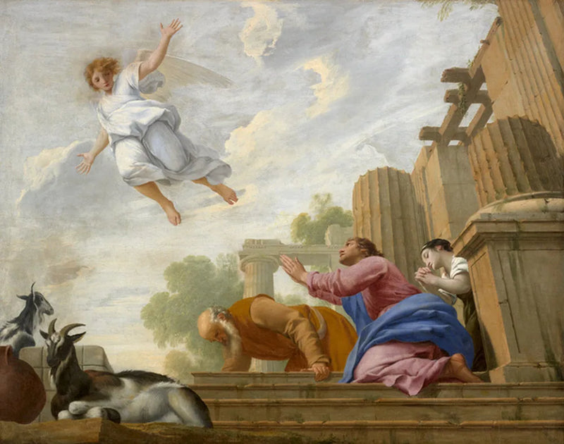 Rakkauden enkeli Raphael paljastaa todellisen luonteensa Tobielle ja hänen perheelleen ja kohoaa taivaaseen - Eustache Le Sueur