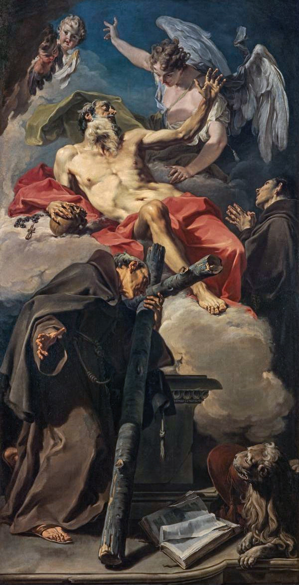 Pyhän Jeronimin ylistyskuva, jossa ovat myös Pyhä Pietari d'Alcántara ja tunnistamaton franciscani - Giovanni Battista Pittoni