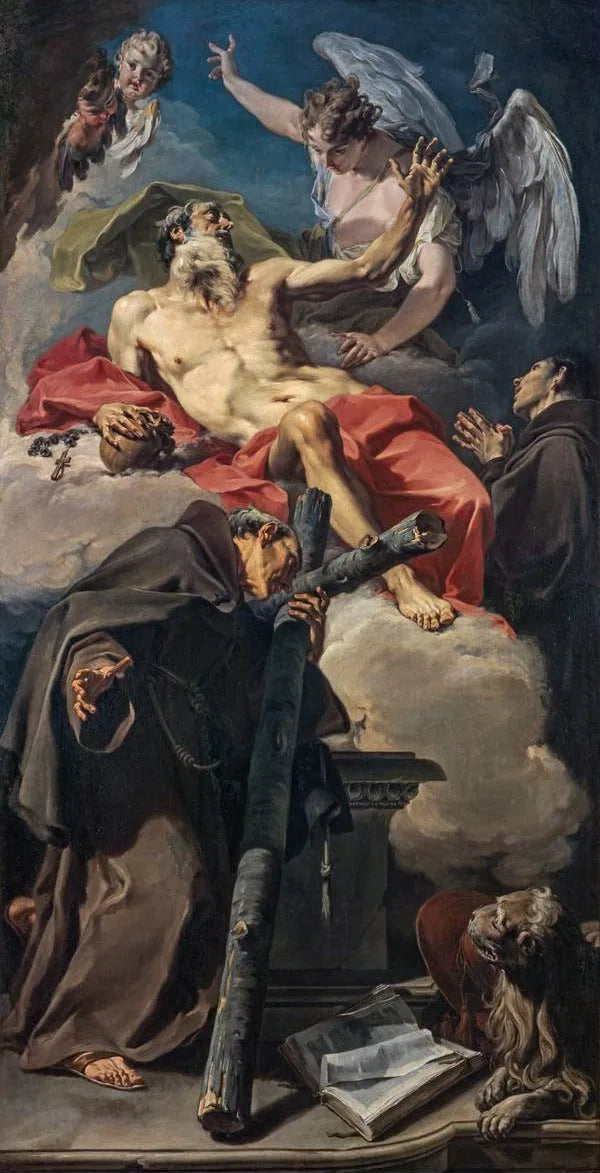 Pyhän Jeronimin ylistyskuva, jossa ovat myös Pyhä Pietari d'Alcántara ja tunnistamaton franciscani - Giovanni Battista Pittoni
