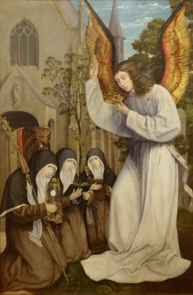 Enkelin ilmestyminen Sainte Claireen, Sainte Agnès d'Assisen ja Sainte Colette de Corbien - Quentin Metsys