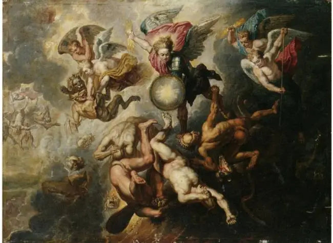Arkkienkeli Mikael ja kapinalliset enkelit (Ilmestyskirja 12:7-9, 17. vuosisata) - Peter Paul Rubens