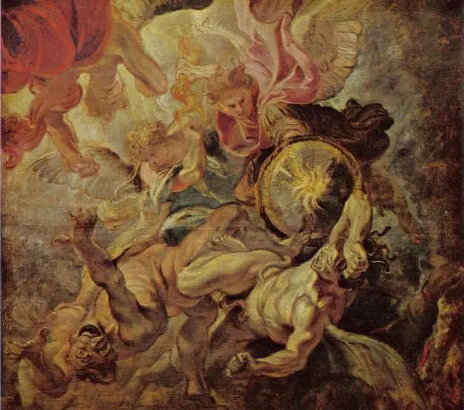 Arkkienkeli Mikael voittaa Saatanan ja kapinalliset enkelit (Ilmestyskirja 12:7-9), 1620 - Peter Paul Rubens
