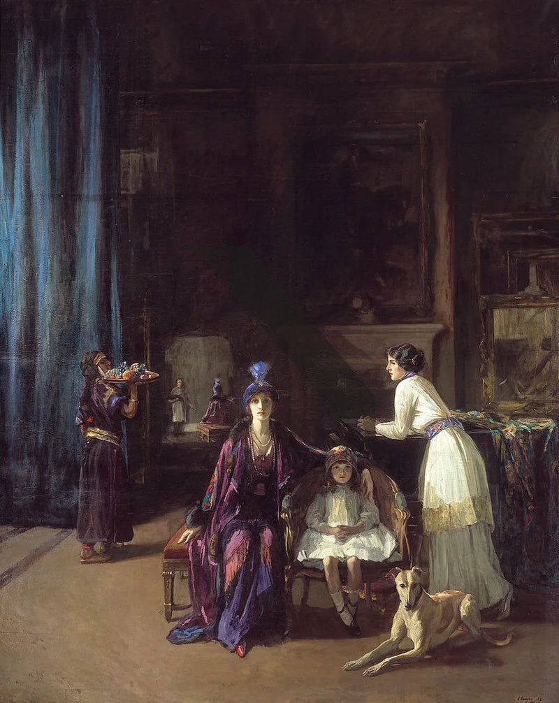 Taiteilijan studio: Lady Hazel Lavery tyttärensä Alicen ja miniänsä Eileenin kanssa - John Lavery