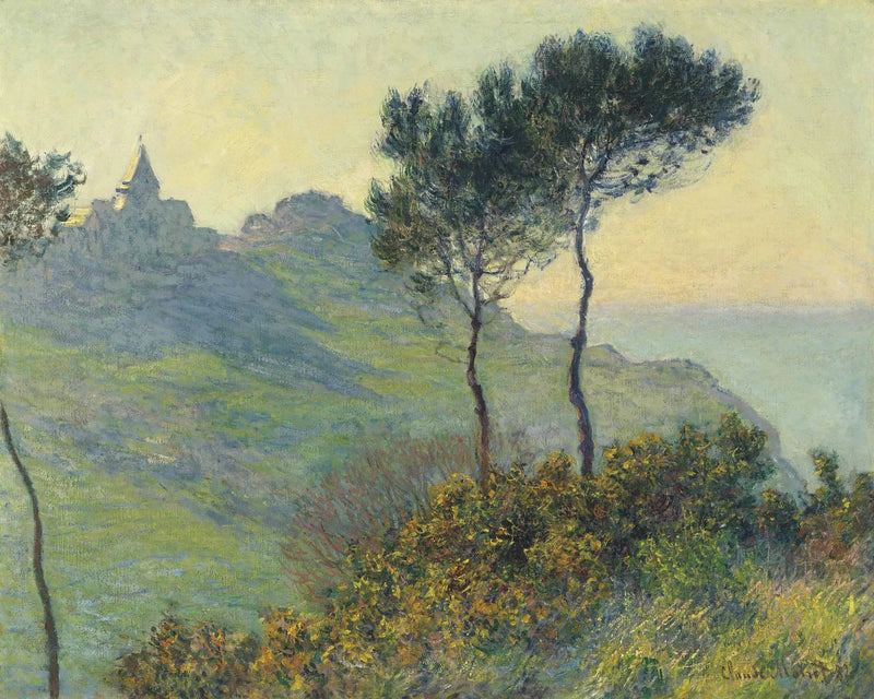 Varengevillen kirkko, laskeva aurinko - Claude Monet